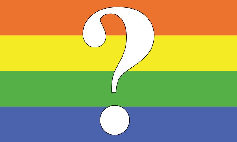 A flag of horizontal stripes, from top to bottom: orange, yellow, green, and blue. A large white question mark is in the middle.