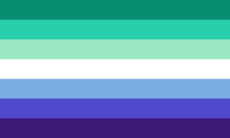 A flag of narrow horizontal stripes, from top to bottom: dark green, medium green, light green, white, light blue, medium blue and navy blue.