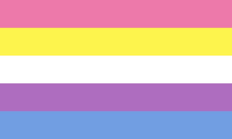 A flag of horizontal stripes, from top to bottom: pink, yellow, white, purple and blue.
