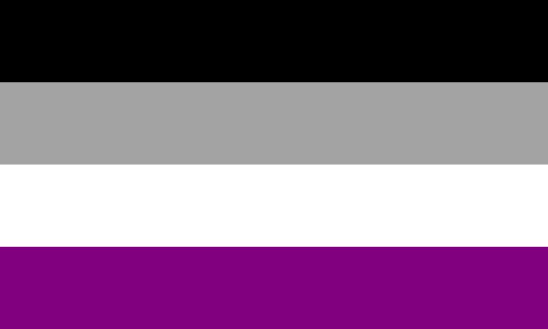 A flag of horizontal stripes, from top to bottom: black, medium grey, white and dark purple.
