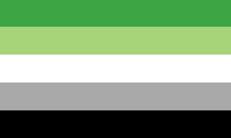 A flag of horizontal stripes, from top to bottom: dark green, medium green, white, medium grey and black.