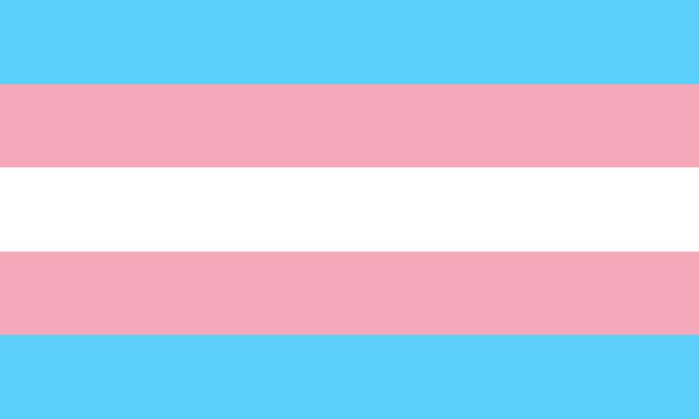 A flag of horizontal stripes with white in the centre with pink and light blue symmetrically above and below.