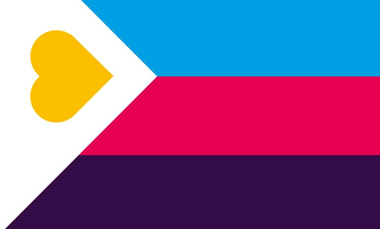 a flag with three diagonal sections. The top section is light blue, the middle section is red, and the bottom section is dark purple. On the left side, there is a white triangle with a yellow heart shape placed along the edge of the triangle.