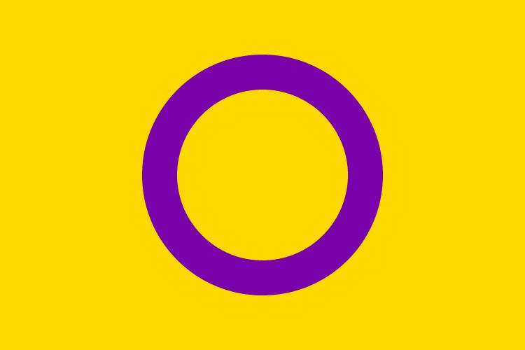 A yellow flag with a purple circle outline in the centre.