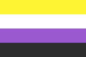 A flag of horizontal stripes, from top to bottom: yellow, white, purple and black.