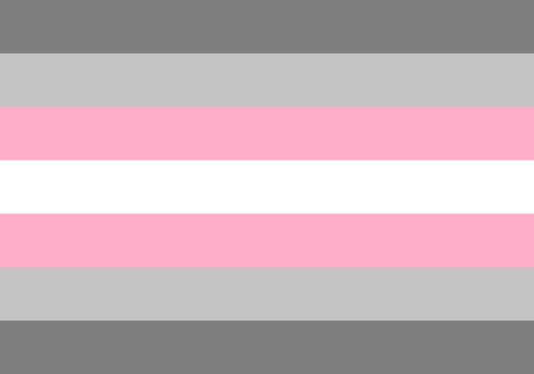 A flag of narrow horizontal stripes with white in the centre and light pink, light grey and dark grey symmetrically above and below.