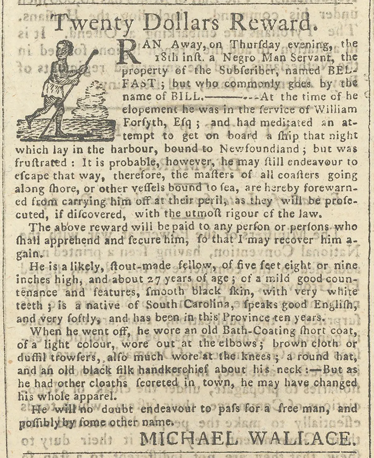 An old newspaper advertisement titled “Twenty Dollars Reward” and illustrated with a small drawing of a Black person running while looking over their shoulder.