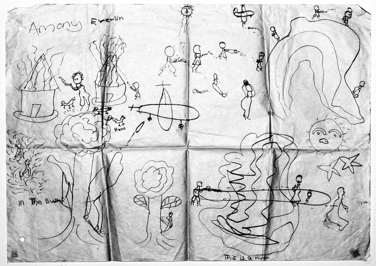 A black and white drawing of a village being attacked. It shows people with guns, an airplane, a hut on fire, a river and a bush.