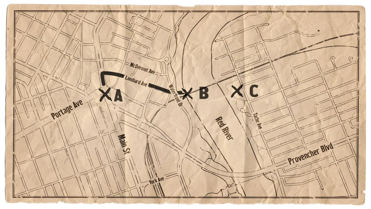 Map of central Winnipeg showing the location of the Red Saloon (A), the route of Elzéar’s attempted escape, the site of the steamship docks where he dove into the water (B), and modern-day Elzéar Goulet Park (C). 