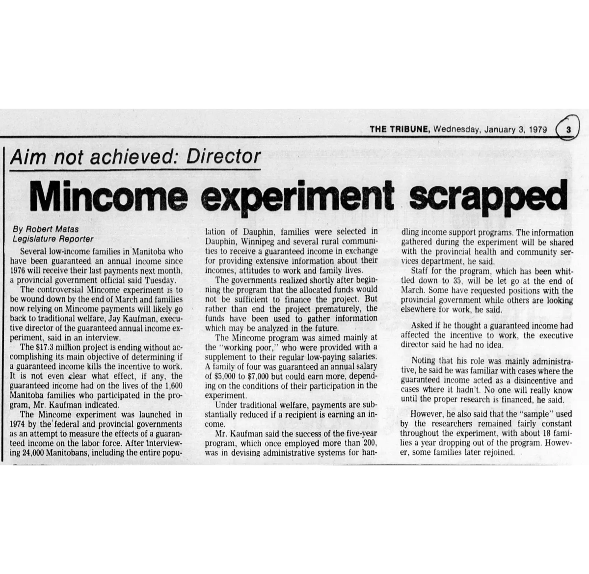 A newspaper clipping from 1979, with the headlines “Mincome experiment scrapped” and “Aim not achieved: Director.”