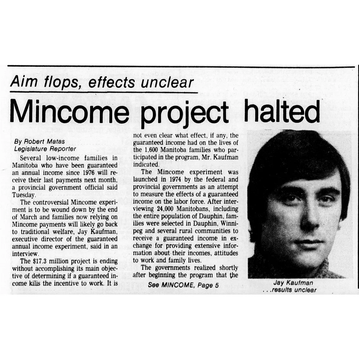 Un article de journal de 1979, titrant en anglais « Le projet Mincome interrompu » et « Échec de l’objectif, effets incertains ».