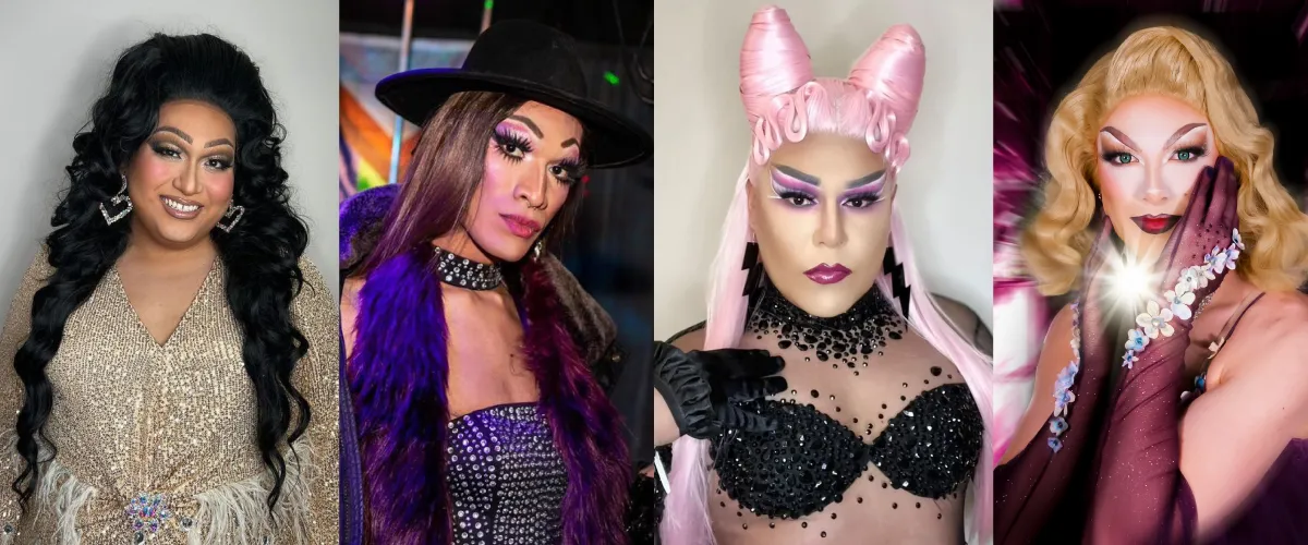 Images of four drag queens. Queen one is smiling, has long dark hair and is wearing silver heart earrings and a sparkly dress. Queen two is wearing a black brimmed hat, a black choker, a purple feathered boa and a studded top. Queen three has her hair in pink space buns and is wearing black lightning bolt earrings, a black mesh top with matching gloves. Queen four has medium-length wavy blond hair and is wearing purple gloves and silver jewellery. 