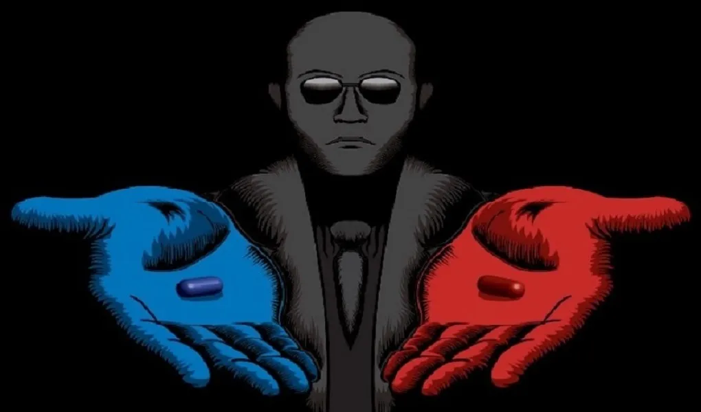 Drawing of a bald man wearing sunglasses reaching his hands out toward the viewer, palms up. His right hand is coloured blue and offers a blue pill. His left hand is coloured red and offers a red pill.