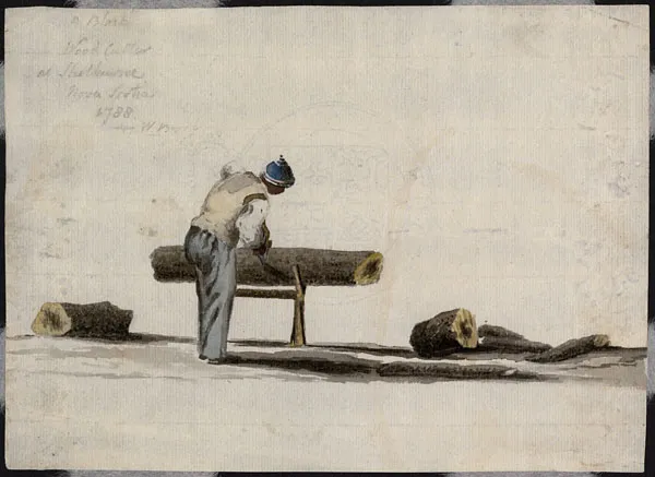 Watercolour painting of a Black person using a handsaw to cut a log propped up on a wooden stand. Sections of sawn log lie on the ground on either side. Handwritten script in the top left corner reads “A Black Wood Cutter at Shelburne, Nova Scotia, 1738, W. Booth.”