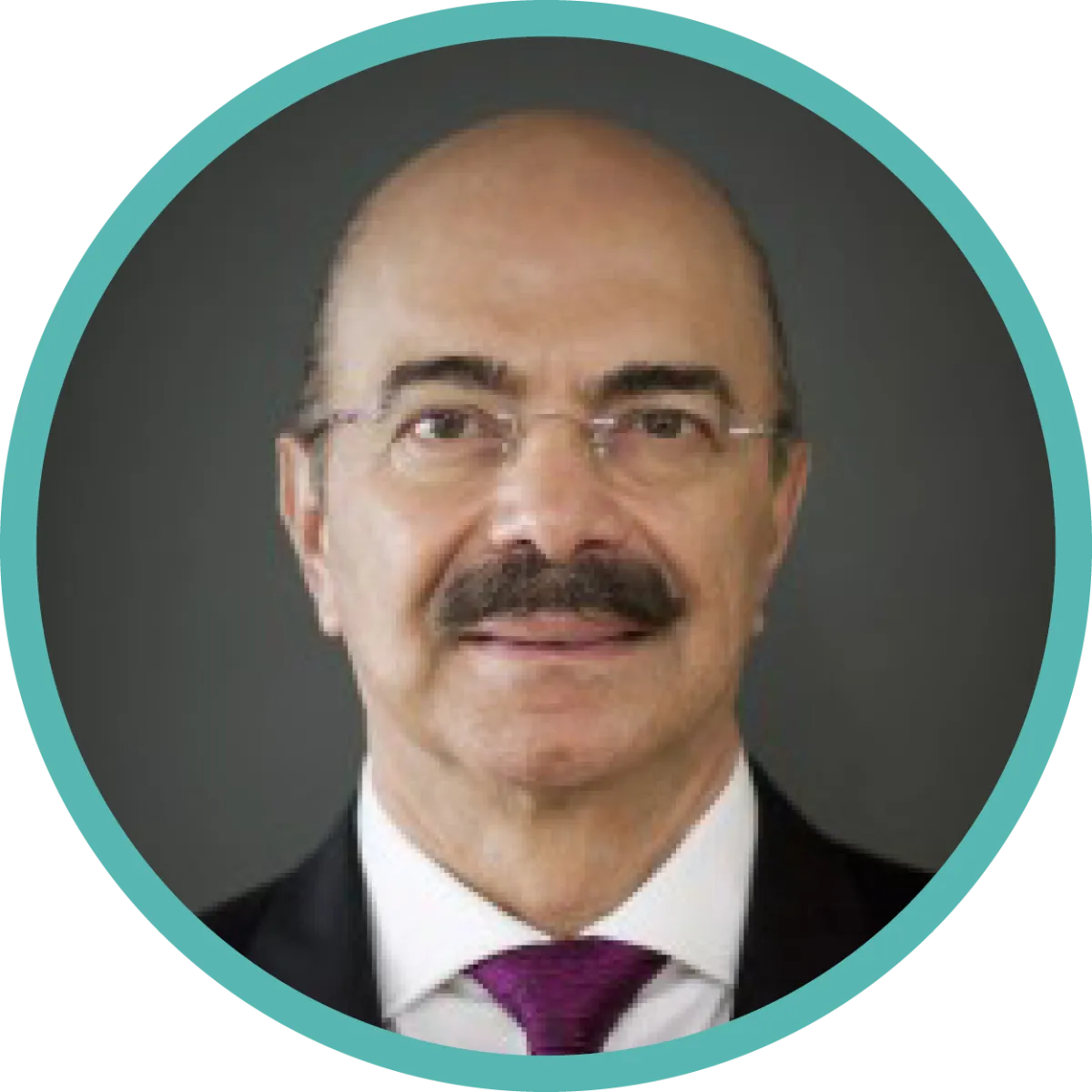 A man with a dark moustache and small, frameless glasses wears a dark suit and a purple tie.
