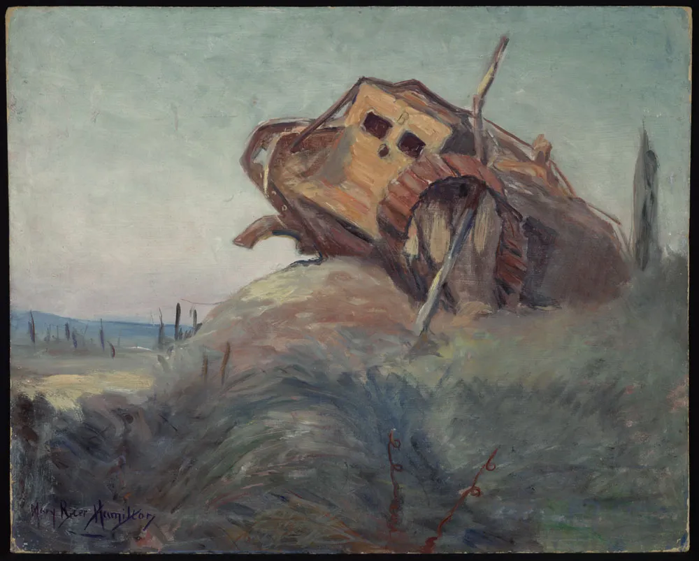 A bleak impressionistic painting in which a tracked, tan-coloured armoured vehicle sits askew on a small, blue-green rise. One of its tracks has been partially removed and a large tree branch is lodged in the mechanism. The landscape is mostly bare of plants.
