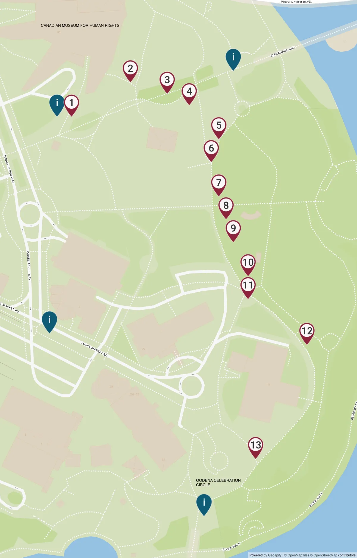 A map of The Forks area with markers showing locations of artworks and information kiosks. Red markers with numbers one through thirteen, indicating artwork locations, are placed along a path starting at the Canadian Museum for Human Rights and moving south towards the Oodena Celebration Circle. Four blue markers showing the location of information kiosks are placed near the entrances to The Forks.