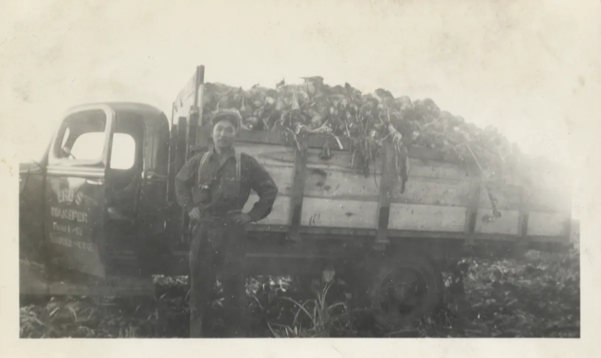 A young man poses in front of a transport truck full of sugar beets.