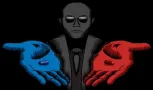 Drawing of a bald man wearing sunglasses reaching his hands out toward the viewer, palms up. His right hand is coloured blue and offers a blue pill. His left hand is coloured red and offers a red pill.
