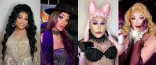Images of four drag queens. Queen one is smiling, has long dark hair and is wearing silver heart earrings and a sparkly dress. Queen two is wearing a black brimmed hat, a black choker, a purple feathered boa and a studded top. Queen three has her hair in pink space buns and is wearing black lightning bolt earrings, a black mesh top with matching gloves. Queen four has medium-length wavy blond hair and is wearing purple gloves and silver jewellery. 