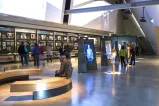 People explore a gallery containing vertical interactive videos in the centre of the room; and displays containing text and images that line the back wall.