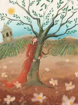 A painting of a young woman in a red traditional Kurdish dress with her eyes closed and a peaceful look on her face. She is hugging a healthy olive tree in front of a lush field of crops in straight rows. The sky is bright blue sky and translucent white flowers are floating in the first half of the painting.