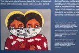 Painting of two children standing close together, shown from the chest up. They are wearing red clothing patterned with white birds, and a black-and-white scarf covers the lower half of their faces.