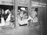 A black-and-white image of a group of black men and women look out a set of train car windows. Many are holding out their hands and making a “thumbs up” sign. A sign above the train window reads “Europeans only.”