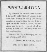 A document of text titled “PROCLAMATION” banning parades and public gatherings, signed “CHARLES F. GRAY, Mayor.” At the bottom it reads “GOD SAVE THE KING.”