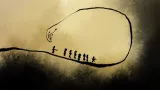 An illustration of people walking in a line followed by someone pointing a gun at them. The ground curves up, around, and behind them and turns into a hand that appears ready to hold everyone.