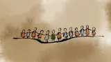 An illustration of several women standing in a line holding hands.