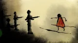 An illustration of a woman with a red dress pointing at some shadowed figures holding guns.