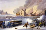 A painting of a battle. On the left, a line of soldiers are shooting at a disorganized group of rebels on the right, some of whom are running away. In the background, other soldiers are marching across a stone bridge and several buildings are on fire.