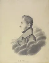 A head-and-shoulders profile drawing of Wolfred Nelson. He is wearing a coat with a large collar and has large sideburns. 