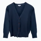 A plain blue cardigan sweater.