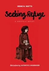 The cover of a graphic novel titled “Seeking Refuge” showing a young woman sitting on a suitcase.