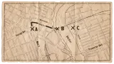 Map of central Winnipeg showing the location of the Red Saloon (A), the route of Elzéar’s attempted escape, the site of the steamship docks where he dove into the water (B), and modern-day Elzéar Goulet Park (C). 