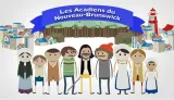 Cartoon drawings of 11 human figures in historical and contemporary clothing. Behind them are clusters of buildings and a forest, over which a banner reads: “Les Acadiens du Nouveau-Brunswick”.