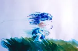 Still from the NFB film <em>Wind</em>.A still image from an animated film. A small child with windswept blue hair is crouched in grass.