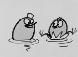 A black and white image of two egg-shaped cartoon figures looking at one another while sitting in shallow water. One figure wears a square hat, and the other sits draping his legs over the edge of a floating piece of a broken eggshell.