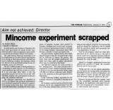 A newspaper clipping from 1979, with the headlines “Mincome experiment scrapped” and “Aim not achieved: Director.”
