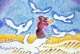 Illustration of a woman with brown hair and a red dress standing in a field as white birds fly around her.