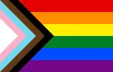Flag consisting of rainbow-coloured horizontal stripes filling the right-hand two-thirds (from top to bottom: red, orange, yellow, green, blue and purple) and a right-angled set of stripes on the left side forming a triangular shape pointing right (from centre to edge: white, pink, light blue, brown and black).