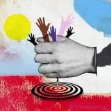 A digital collage showing a large fist clutching several outstretched arms of various colours, reaching up and away. It is hammering a point down into a target beneath it. The background includes a faint sun shape, cloud-like areas of yellow and blue, and a pixelated red band of colour.