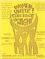 A bright yellow poster with a large central illustration showing three figures holding up a crescent moon shape that contains the words “WOMEN UNITE! Take back the NIGHT.” Typewritten text surrounds the graphic, including: “All women invited. 8:30 p.m. September 19th 1986. Vancouver Rape Relief & Women’s Shelter.”