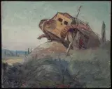 A bleak impressionistic painting in which a tracked, tan-coloured armoured vehicle sits askew on a small, blue-green rise. One of its tracks has been partially removed and a large tree branch is lodged in the mechanism. The landscape is mostly bare of plants.
