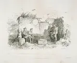 A drawing set in a mostly ruined small building with smoke and explosions in the background. Two uniformed men sit at a table on the left, facing three standing men — one in a uniform but without a hat, flanked by two men with rifles. 