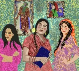 A colourful painting of three dark-haired women in the foreground. In the background is a framed portrait of a mother carrying a child and the backside of a woman wearing a headscarf stepping out of the scene through an opening.