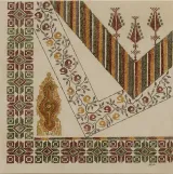 Painting of geometric and floral embroidery motifs in muted tones of red, green and yellow.