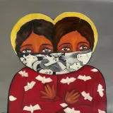 Painting of two children standing close together, shown from the chest up. They are wearing red clothing patterned with white birds, and a black-and-white scarf covers the lower half of their faces.